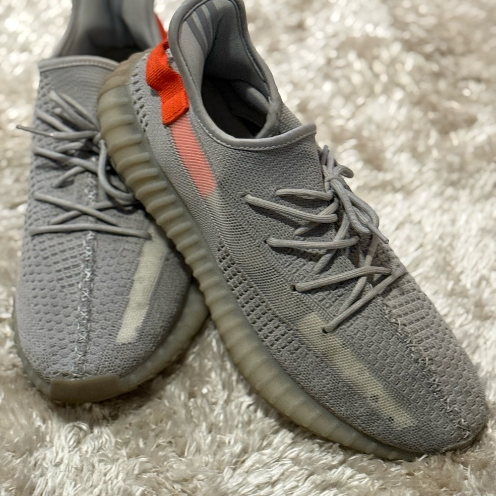 Yeezy Gray and Orange Sneakers with Knit Design